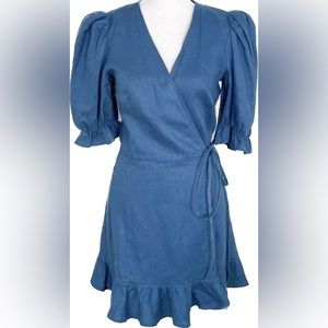 Reformation Carmelo mini wrap linen dress in Azul